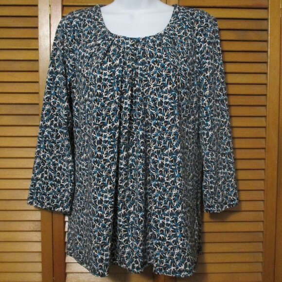 Josephine Studio top wash & wear 3/4 sleeves teal, brown, cream, stretchy size L - Picture 1 of 7